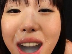 Aya Shiraishi Asian smiles as her mouth is filled...